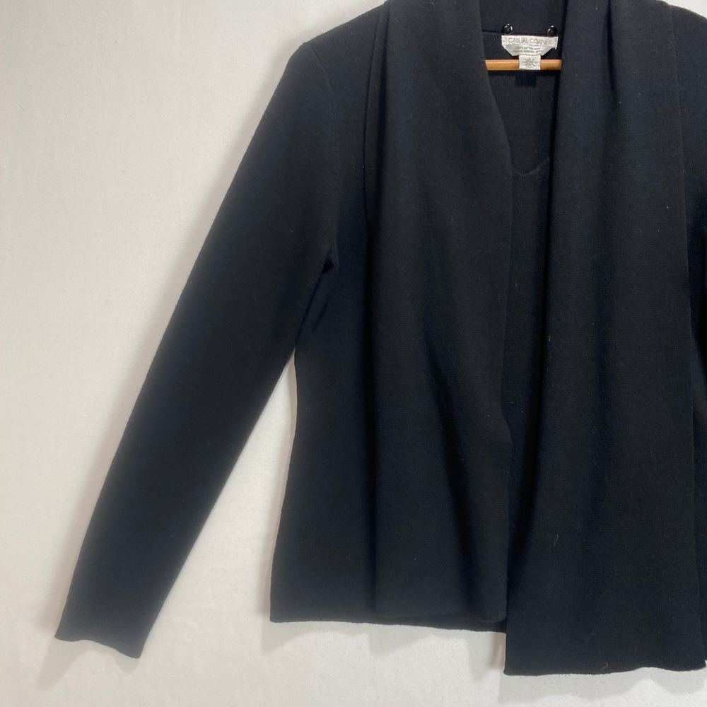 Casual Corner Black Merino Wool Sweater Knit Shawl Collar Tie Size L - Picture 5 of 9